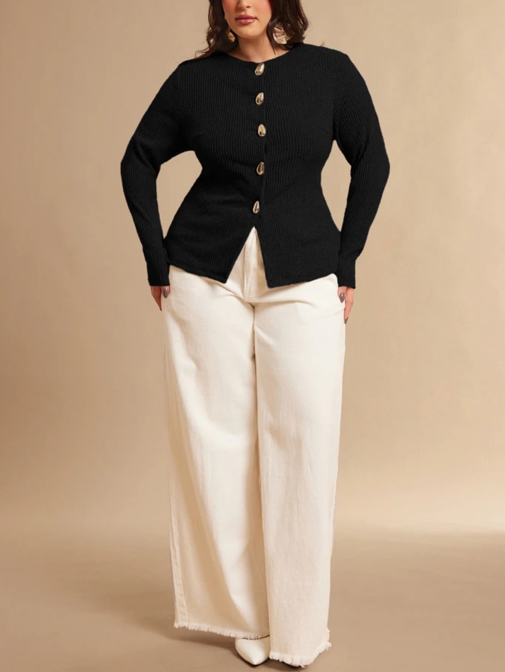 Black Ribbed Button-Front Sweater - Picture 7 of 7
